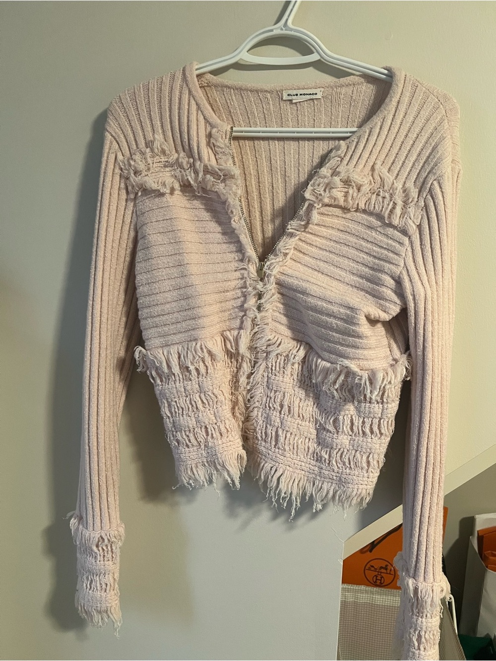 Club Monaco Light Blush Fringe Ribbed V-Neck Cardigan